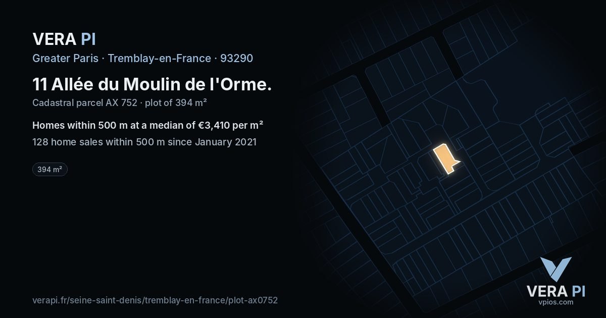 11 Allée du Moulin de l'Orme, Tremblay-en-France at night – the plot lit, the parcels around coloured by the prices near them
