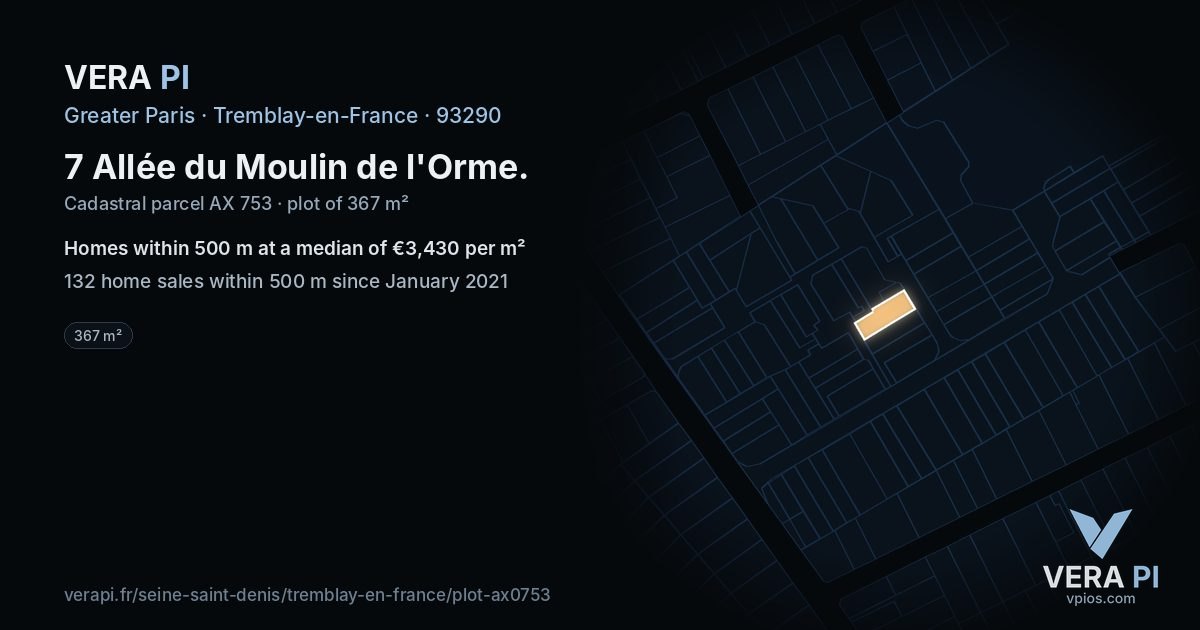 7 Allée du Moulin de l'Orme, Tremblay-en-France at night – the plot lit, the parcels around coloured by the prices near them