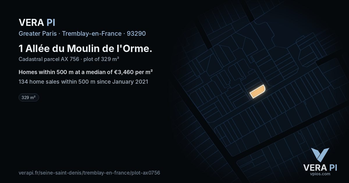 1 Allée du Moulin de l'Orme, Tremblay-en-France at night – the plot lit, the parcels around coloured by the prices near them