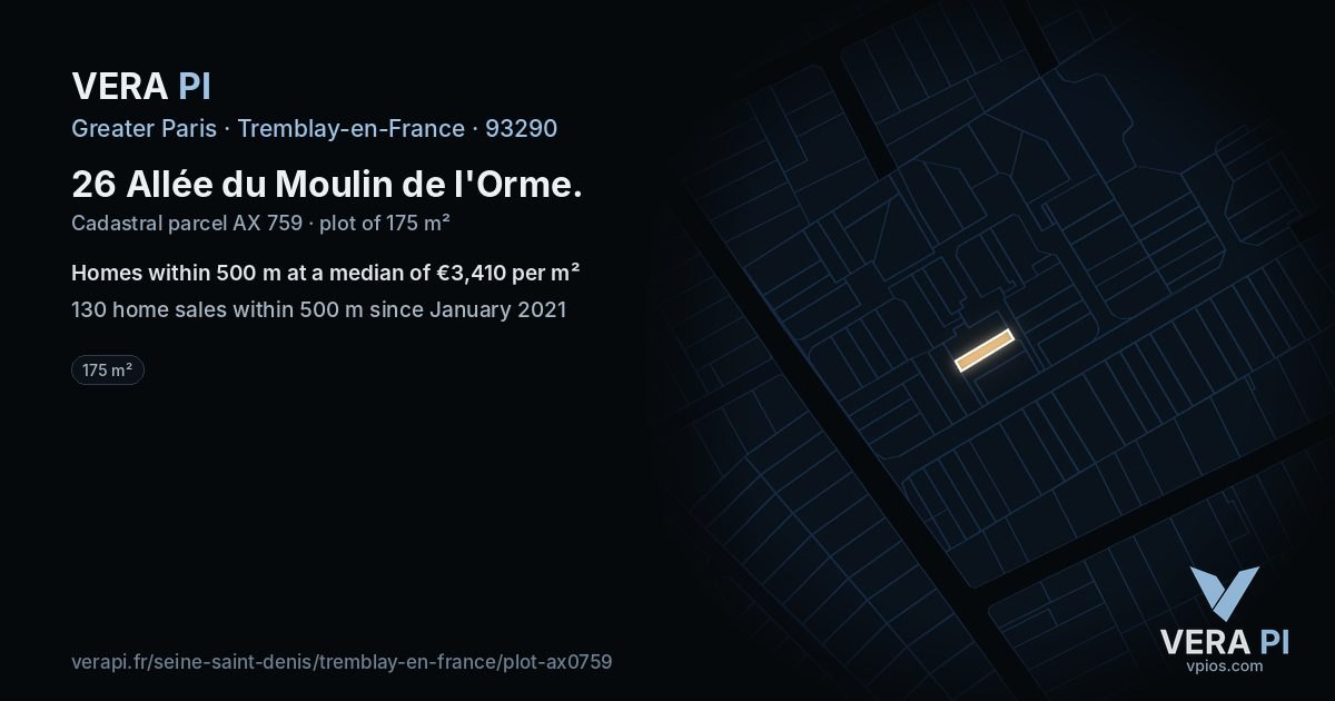 26 Allée du Moulin de l'Orme, Tremblay-en-France at night – the plot lit, the parcels around coloured by the prices near them