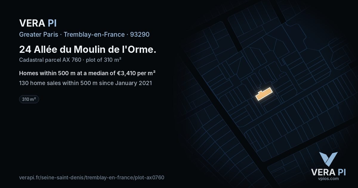 24 Allée du Moulin de l'Orme, Tremblay-en-France at night – the plot lit, the parcels around coloured by the prices near them