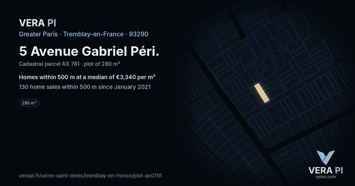 5 Avenue Gabriel Péri, Tremblay-en-France at night – the plot lit, the parcels around coloured by the prices near them