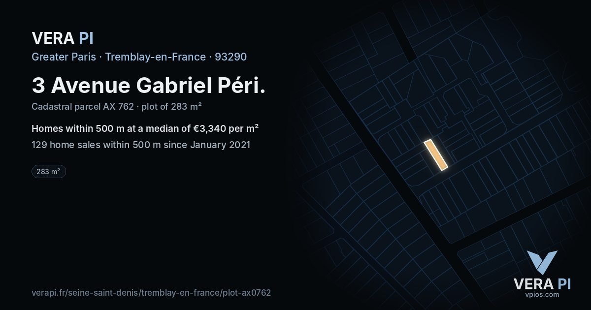 3 Avenue Gabriel Péri, Tremblay-en-France at night – the plot lit, the parcels around coloured by the prices near them
