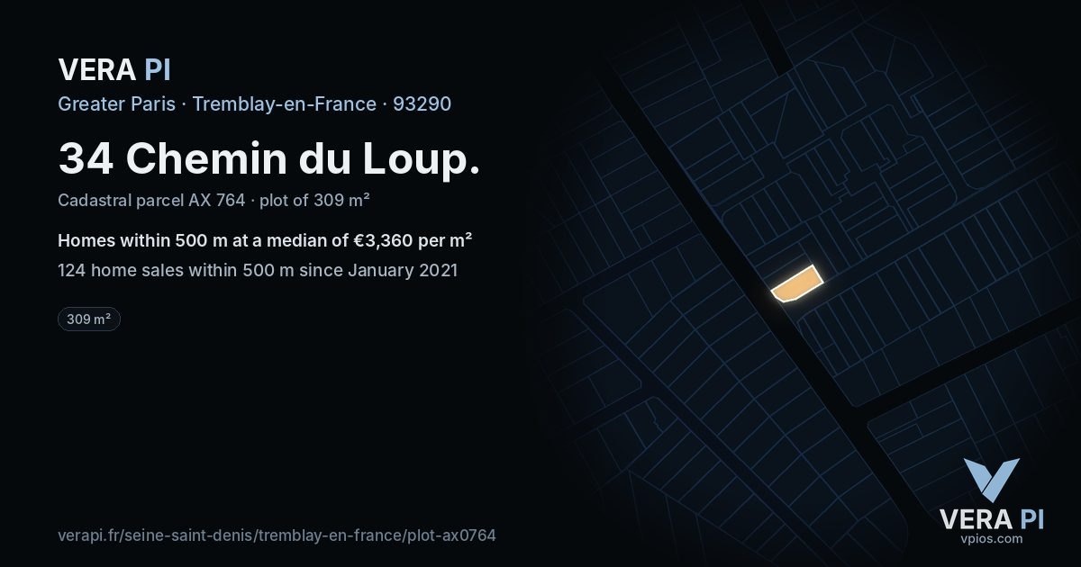 34 Chemin du Loup, Tremblay-en-France at night – the plot lit, the parcels around coloured by the prices near them