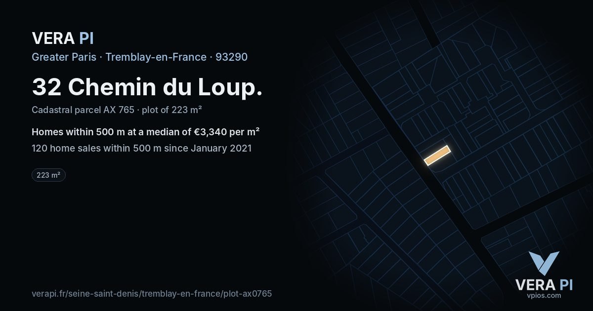 32 Chemin du Loup, Tremblay-en-France at night – the plot lit, the parcels around coloured by the prices near them