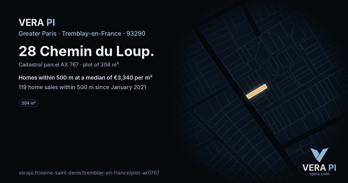 28 Chemin du Loup, Tremblay-en-France at night – the plot lit, the parcels around coloured by the prices near them