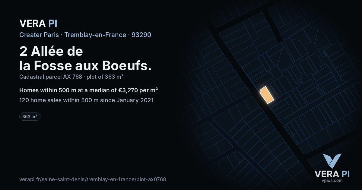 2 Allée de la Fosse aux Boeufs, Tremblay-en-France at night – the plot lit, the parcels around coloured by the prices near them