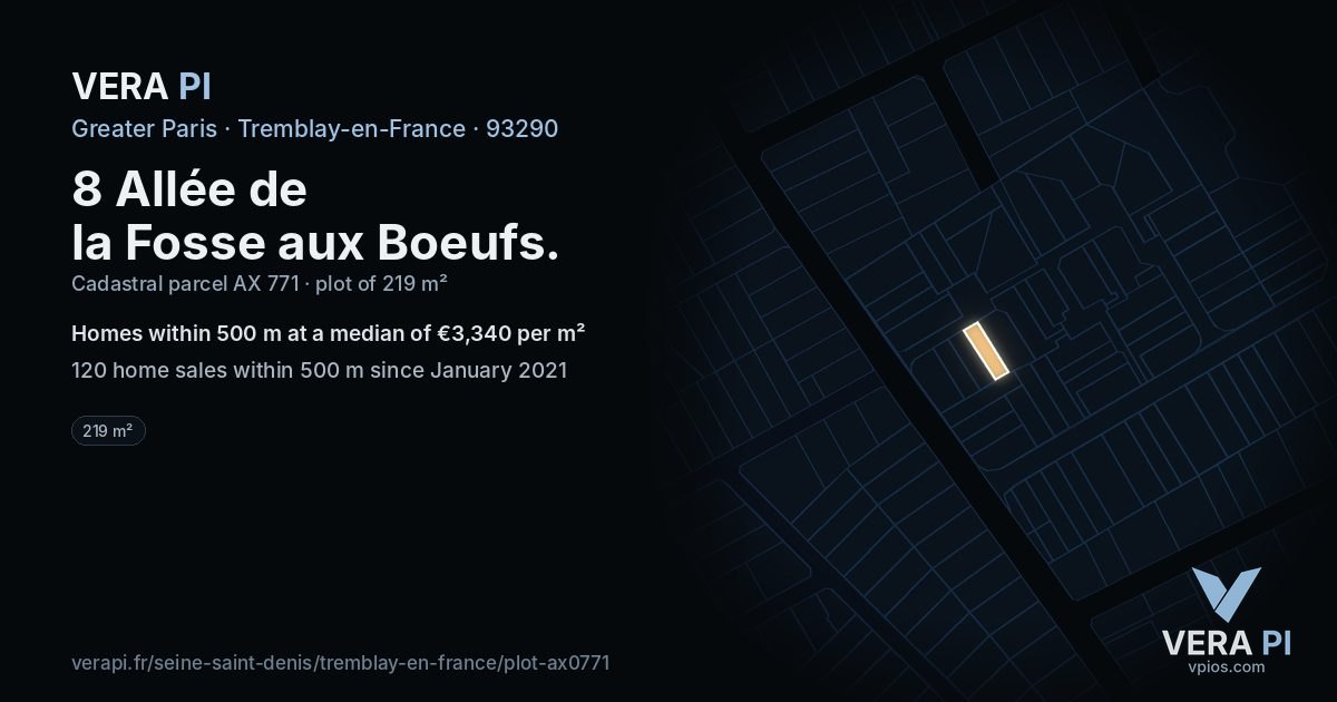 8 Allée de la Fosse aux Boeufs, Tremblay-en-France at night – the plot lit, the parcels around coloured by the prices near them