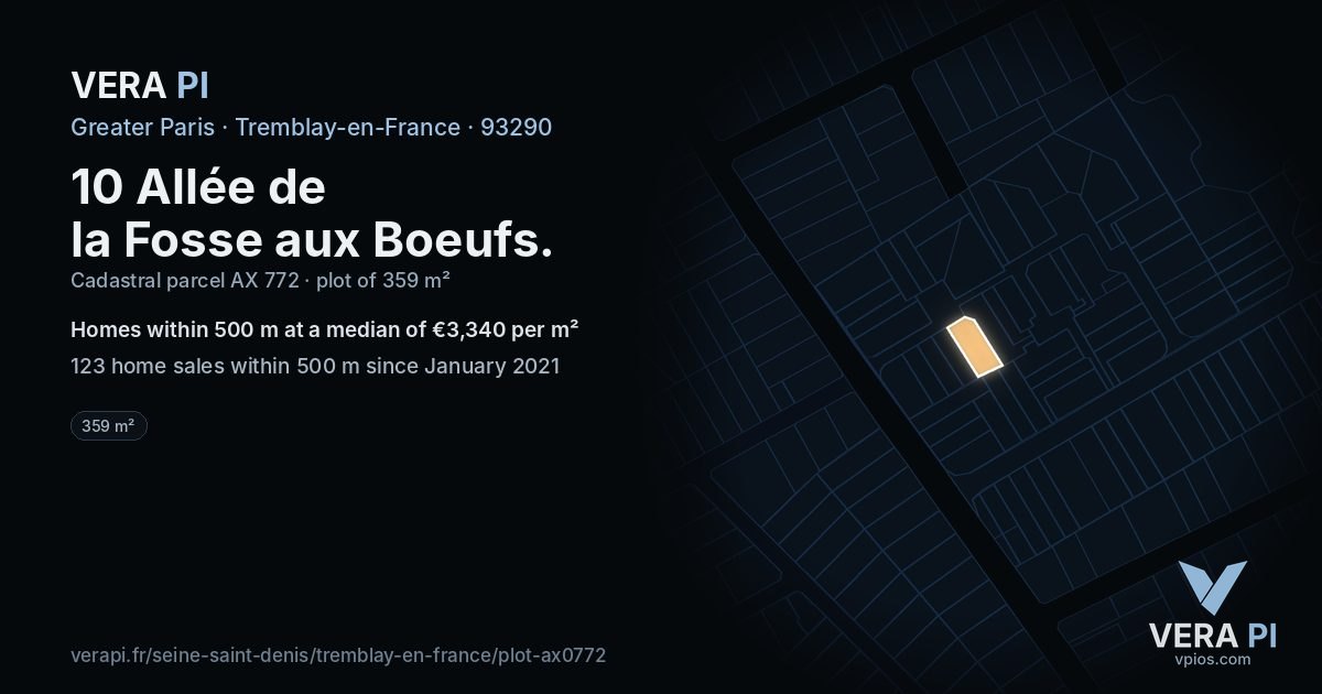 10 Allée de la Fosse aux Boeufs, Tremblay-en-France at night – the plot lit, the parcels around coloured by the prices near them