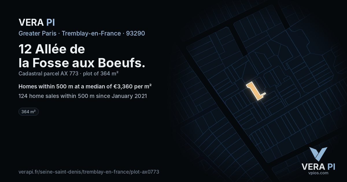 12 Allée de la Fosse aux Boeufs, Tremblay-en-France at night – the plot lit, the parcels around coloured by the prices near them