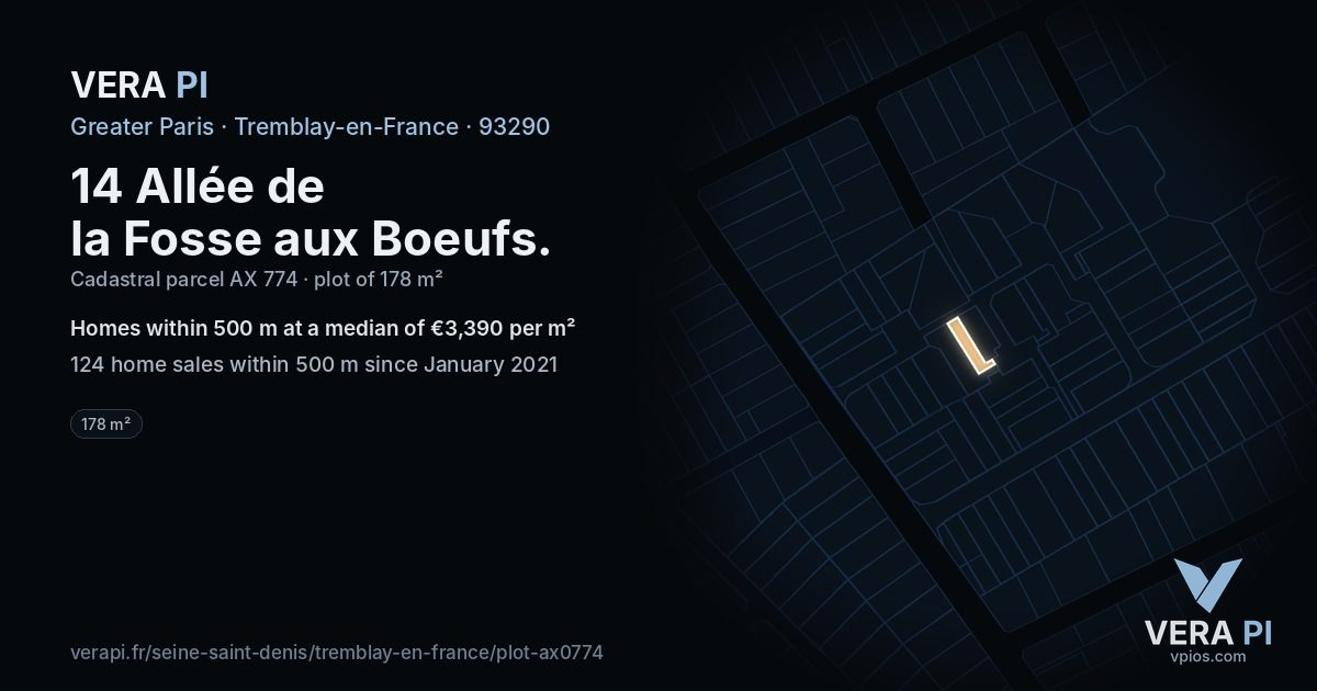 14 Allée de la Fosse aux Boeufs, Tremblay-en-France at night – the plot lit, the parcels around coloured by the prices near them
