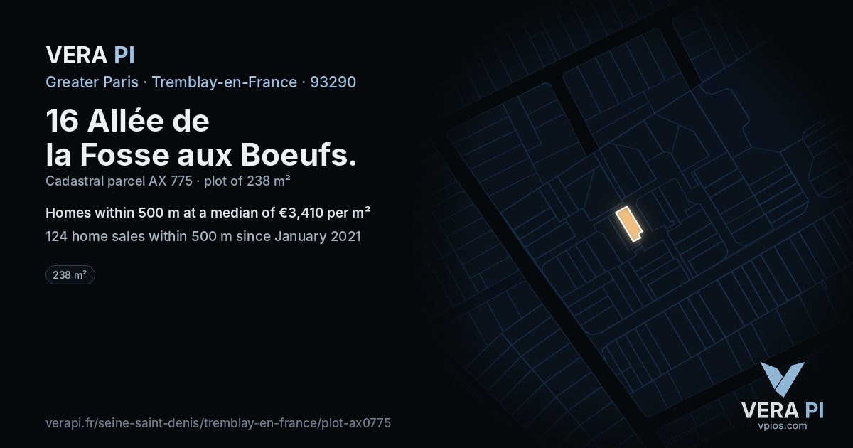 16 Allée de la Fosse aux Boeufs, Tremblay-en-France at night – the plot lit, the parcels around coloured by the prices near them