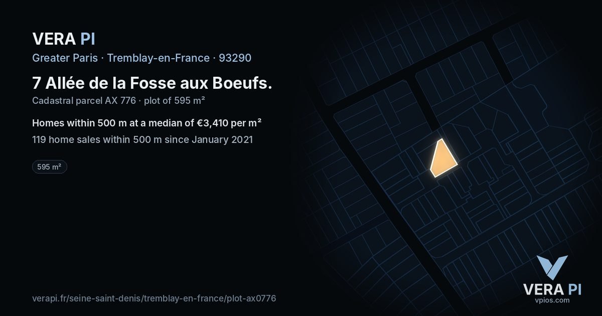7 Allée de la Fosse aux Boeufs, Tremblay-en-France at night – the plot lit, the parcels around coloured by the prices near them
