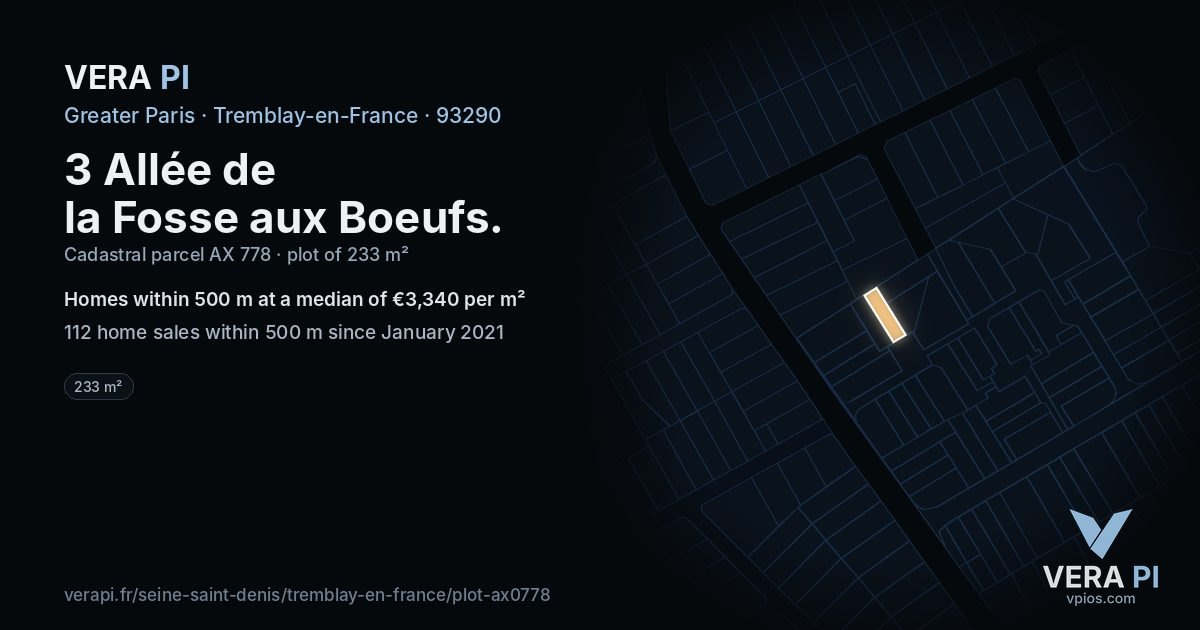 3 Allée de la Fosse aux Boeufs, Tremblay-en-France at night – the plot lit, the parcels around coloured by the prices near them