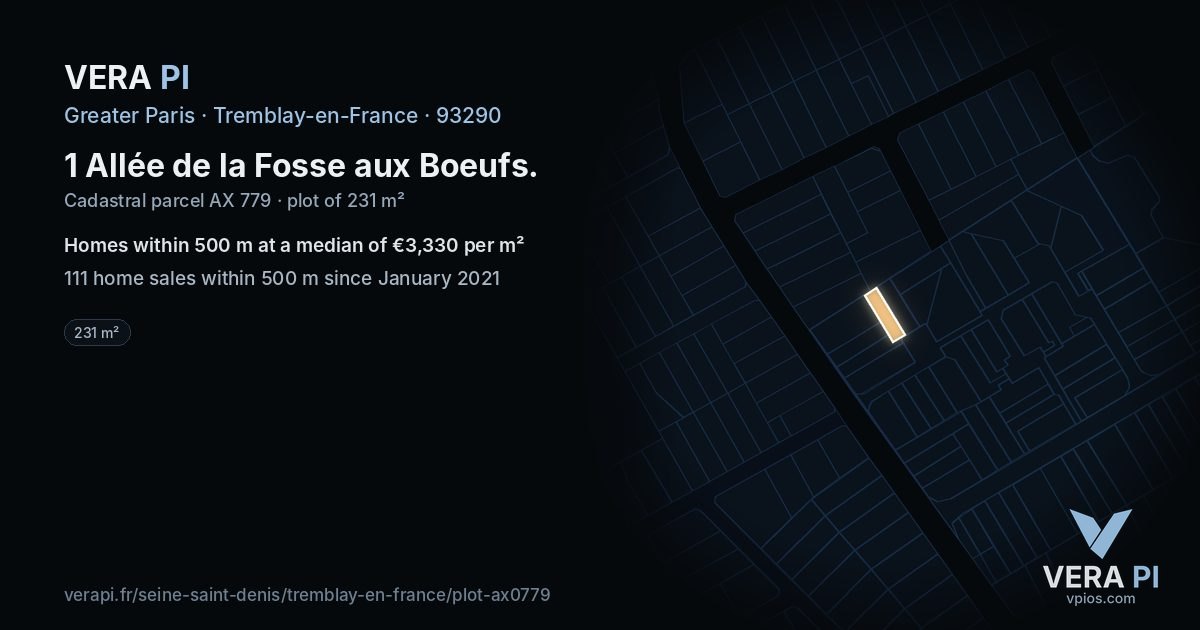1 Allée de la Fosse aux Boeufs, Tremblay-en-France at night – the plot lit, the parcels around coloured by the prices near them