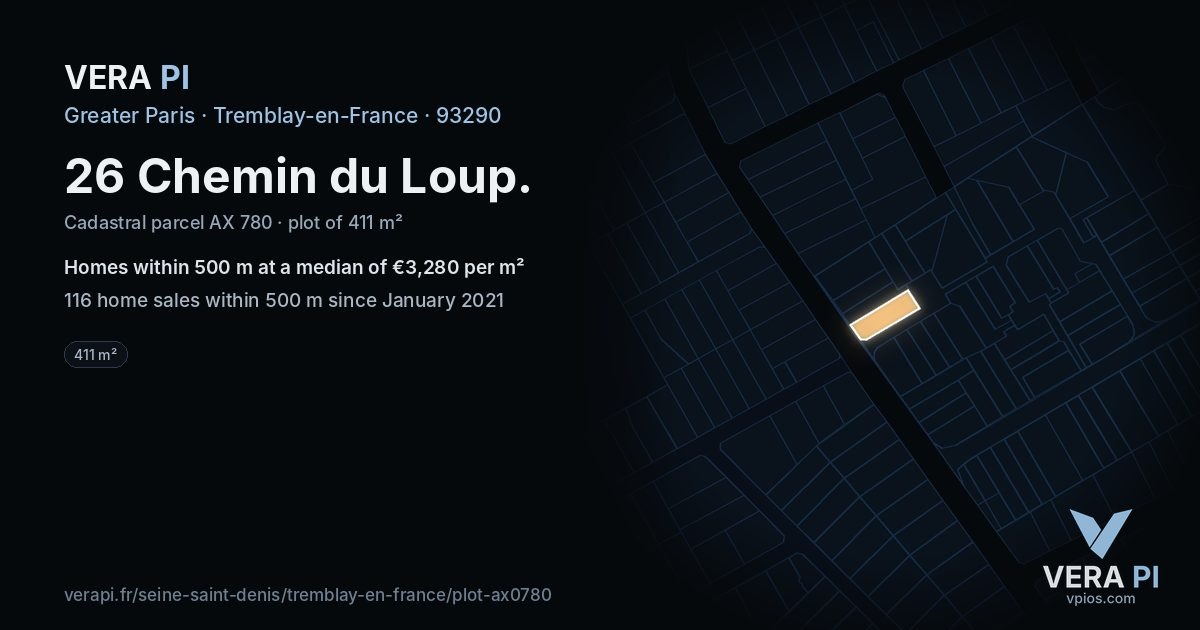26 Chemin du Loup, Tremblay-en-France at night – the plot lit, the parcels around coloured by the prices near them
