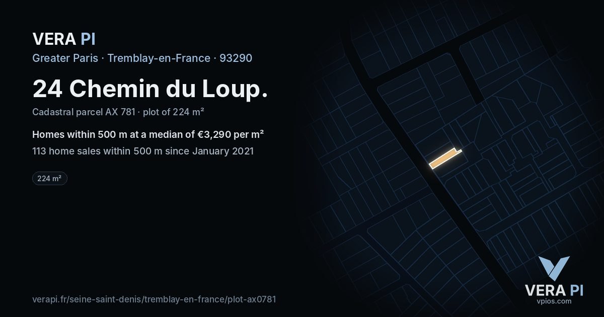24 Chemin du Loup, Tremblay-en-France at night – the plot lit, the parcels around coloured by the prices near them