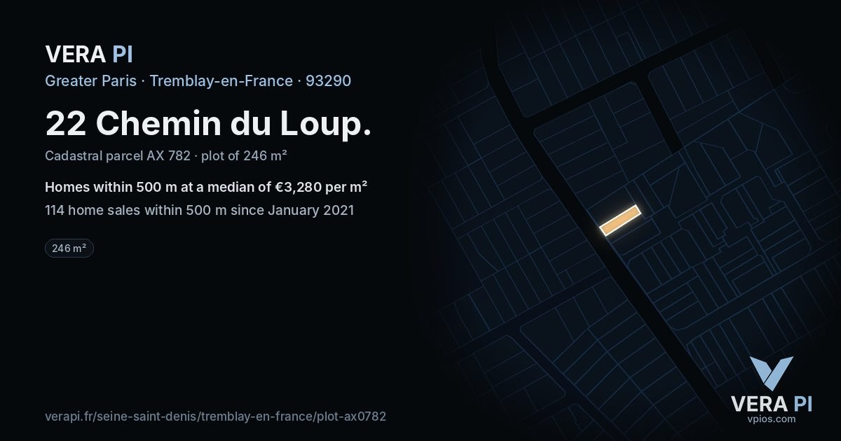 22 Chemin du Loup, Tremblay-en-France at night – the plot lit, the parcels around coloured by the prices near them