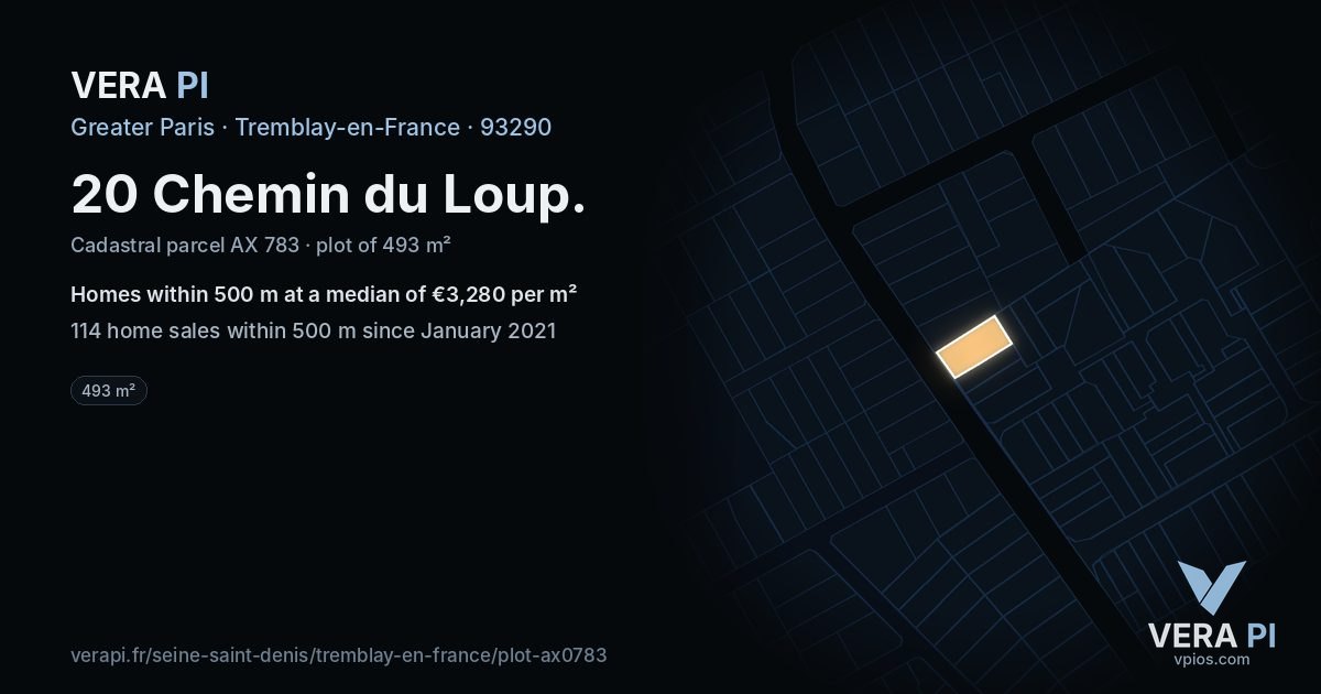 20 Chemin du Loup, Tremblay-en-France at night – the plot lit, the parcels around coloured by the prices near them