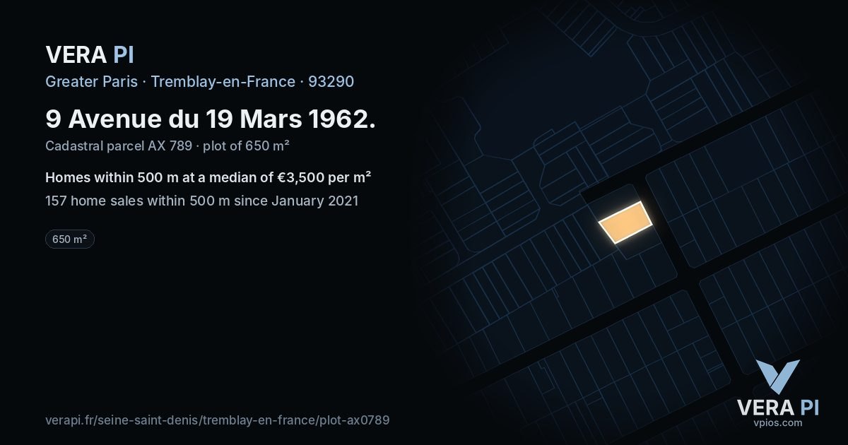 9 Avenue du 19 Mars 1962, Tremblay-en-France at night – the plot lit, the parcels around coloured by the prices near them