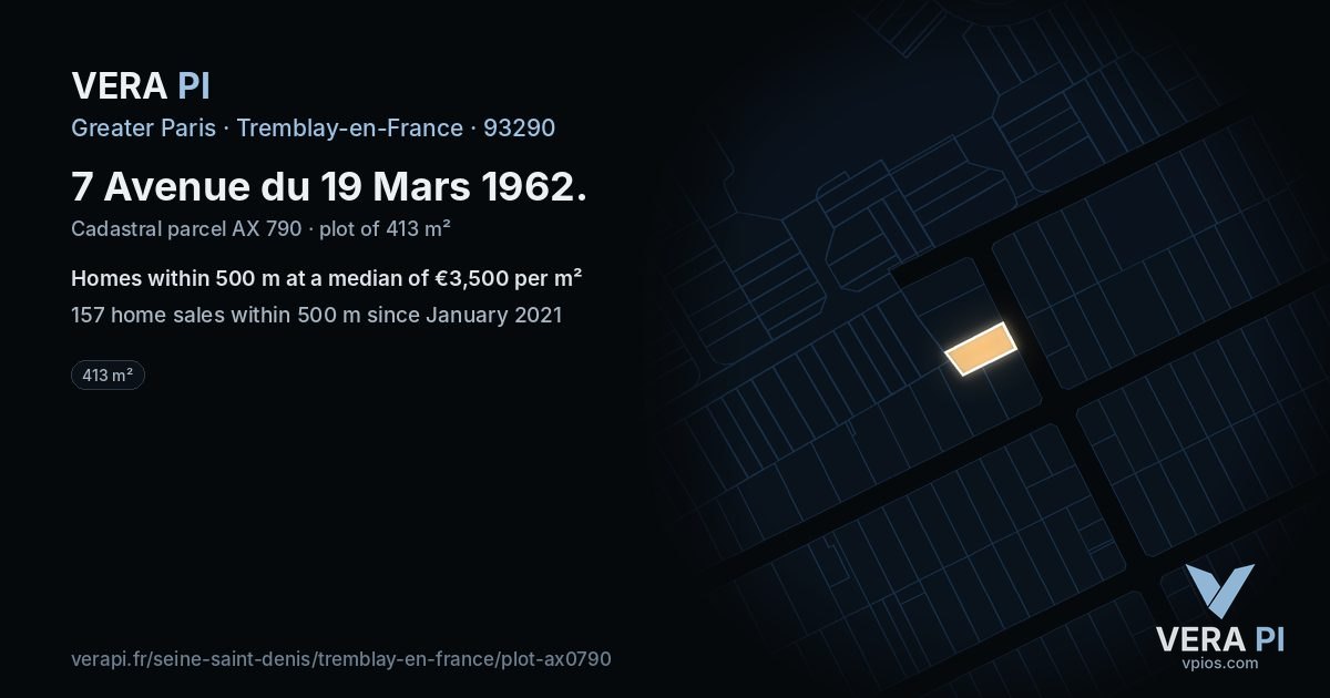 7 Avenue du 19 Mars 1962, Tremblay-en-France at night – the plot lit, the parcels around coloured by the prices near them