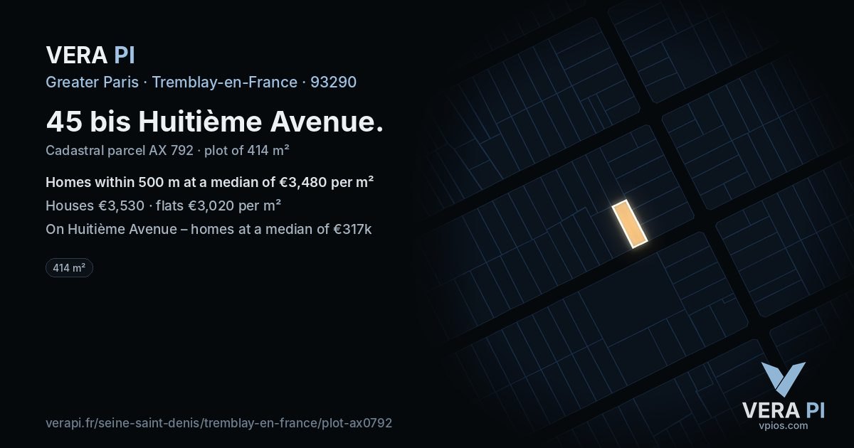 45 bis Huitième Avenue, Tremblay-en-France at night – the plot lit, the parcels around coloured by the prices near them