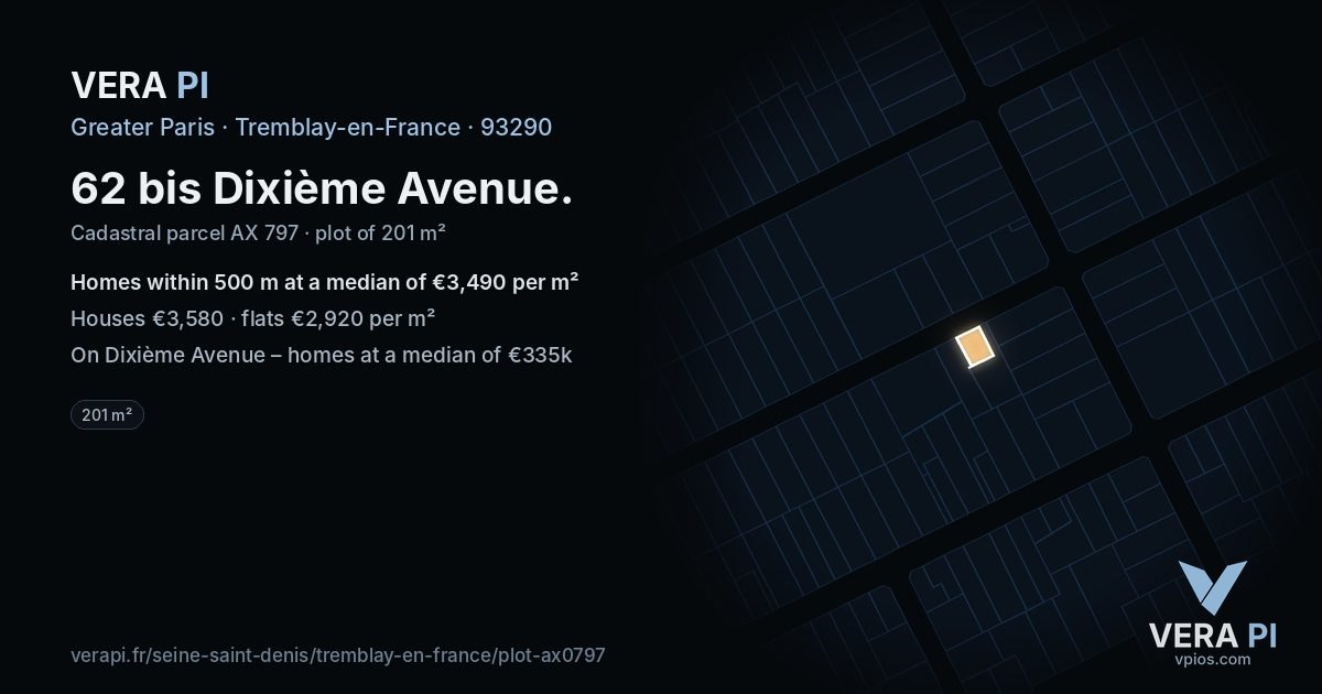 62 bis Dixième Avenue, Tremblay-en-France at night – the plot lit, the parcels around coloured by the prices near them