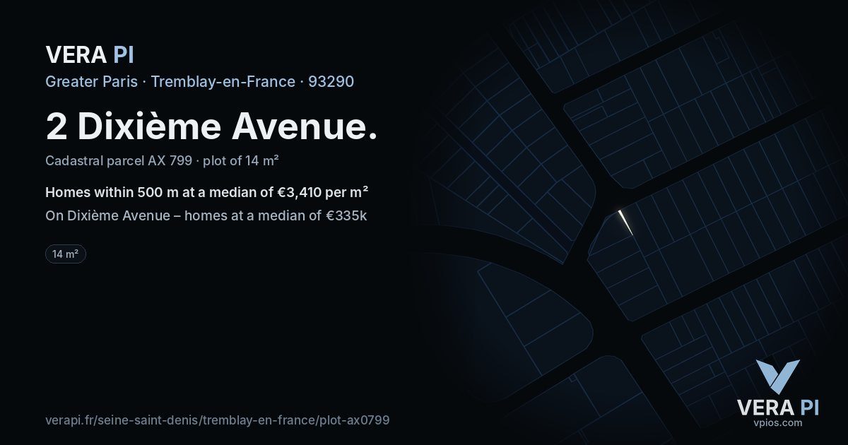 2 Dixième Avenue, Tremblay-en-France at night – the plot lit, the parcels around coloured by the prices near them