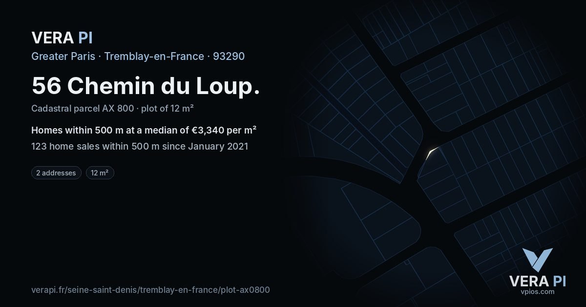 56 Chemin du Loup, Tremblay-en-France at night – the plot lit, the parcels around coloured by the prices near them