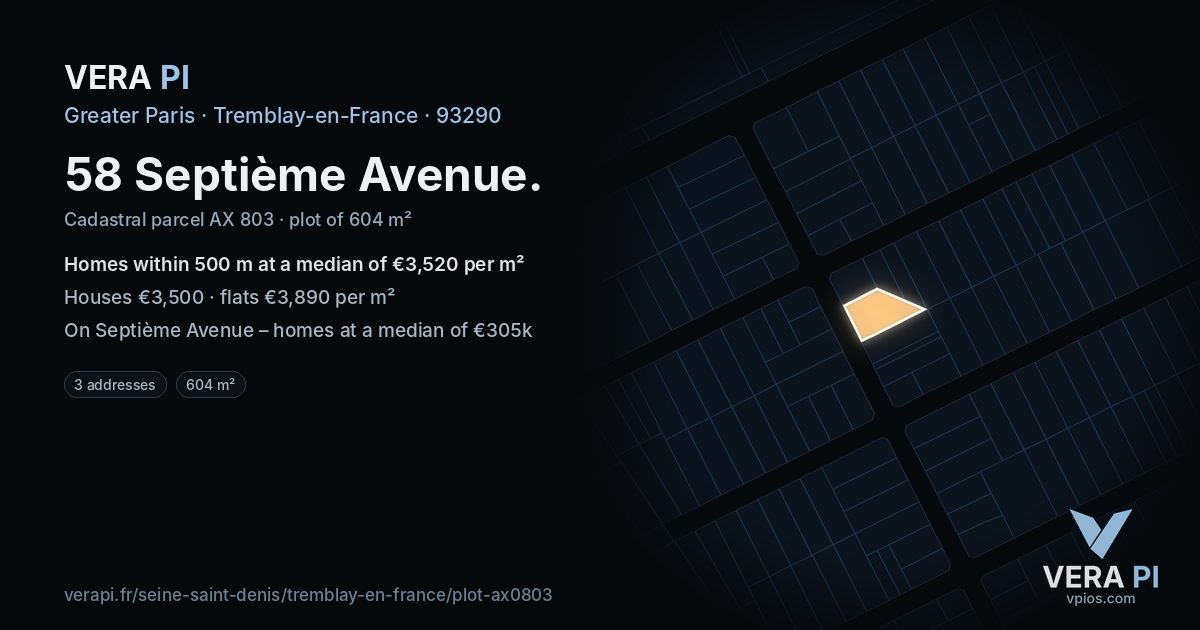 58 Septième Avenue, Tremblay-en-France at night – the plot lit, the parcels around coloured by the prices near them