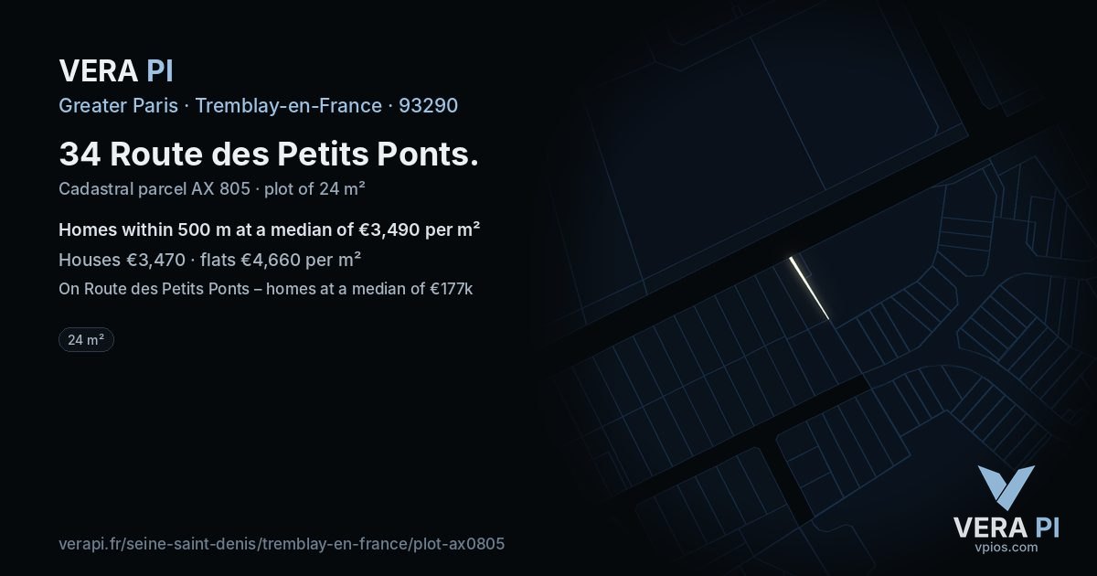 34 Route des Petits Ponts, Tremblay-en-France at night – the plot lit, the parcels around coloured by the prices near them