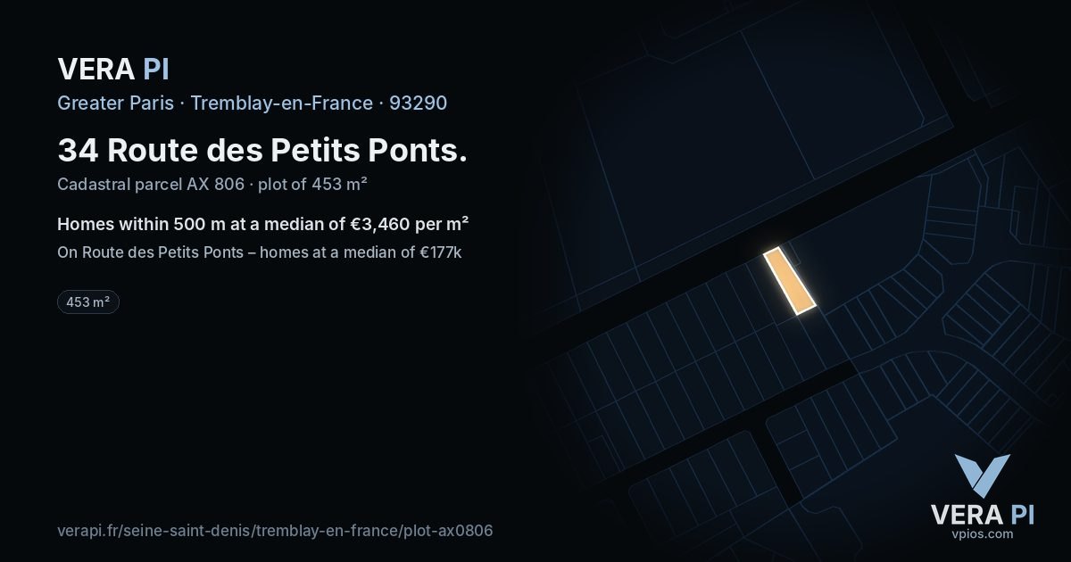 34 Route des Petits Ponts, Tremblay-en-France at night – the plot lit, the parcels around coloured by the prices near them
