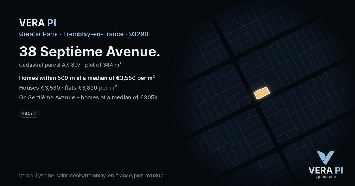 38 Septième Avenue, Tremblay-en-France at night – the plot lit, the parcels around coloured by the prices near them