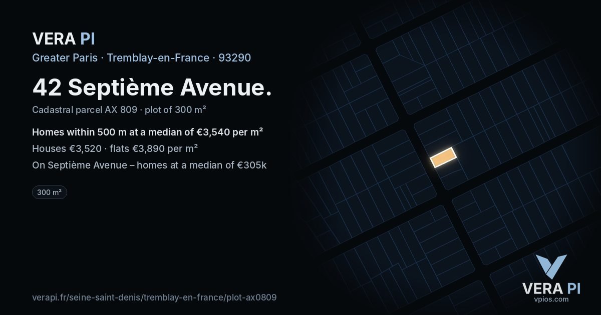 42 Septième Avenue, Tremblay-en-France at night – the plot lit, the parcels around coloured by the prices near them