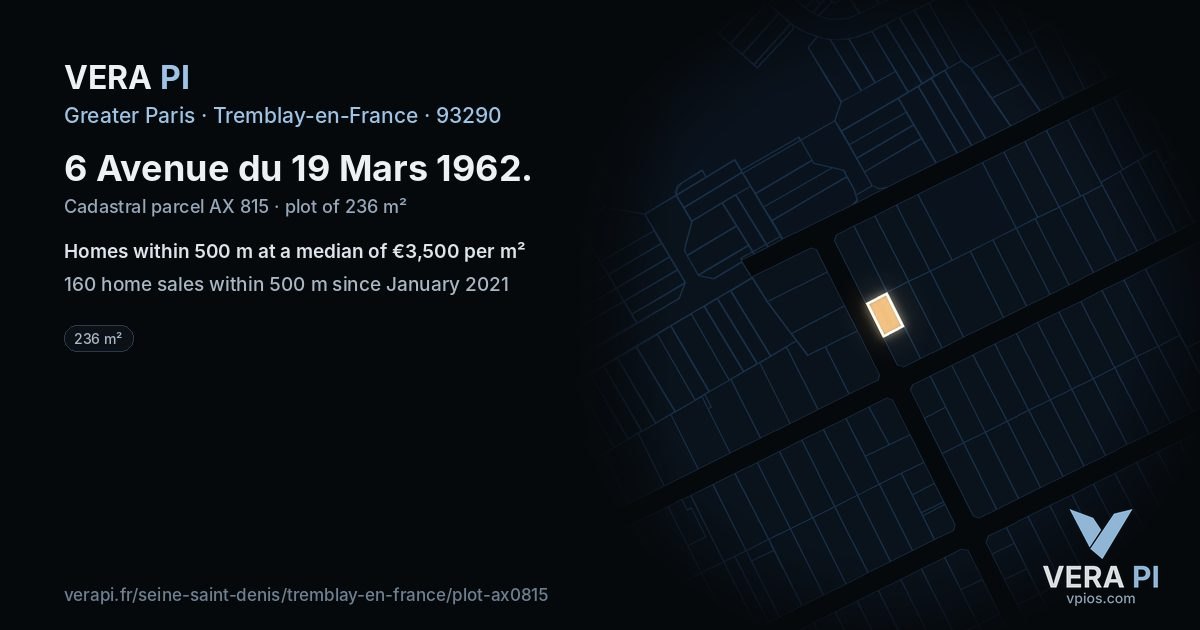 6 Avenue du 19 Mars 1962, Tremblay-en-France at night – the plot lit, the parcels around coloured by the prices near them