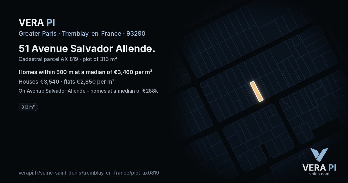 51 Avenue Salvador Allende, Tremblay-en-France at night – the plot lit, the parcels around coloured by the prices near them