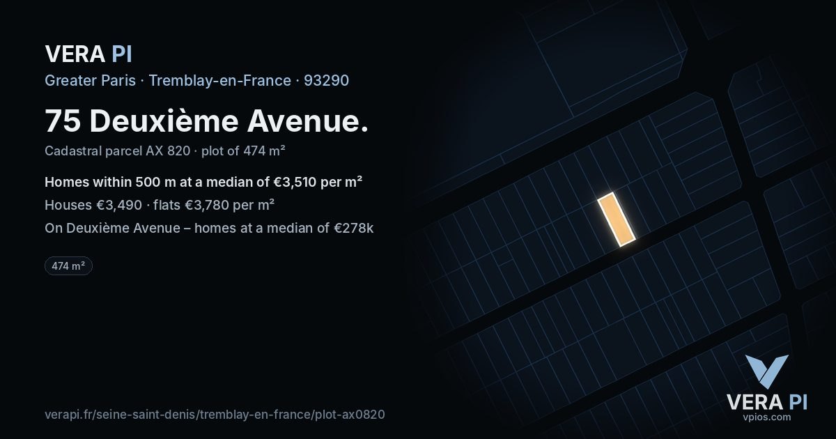 75 Deuxième Avenue, Tremblay-en-France at night – the plot lit, the parcels around coloured by the prices near them