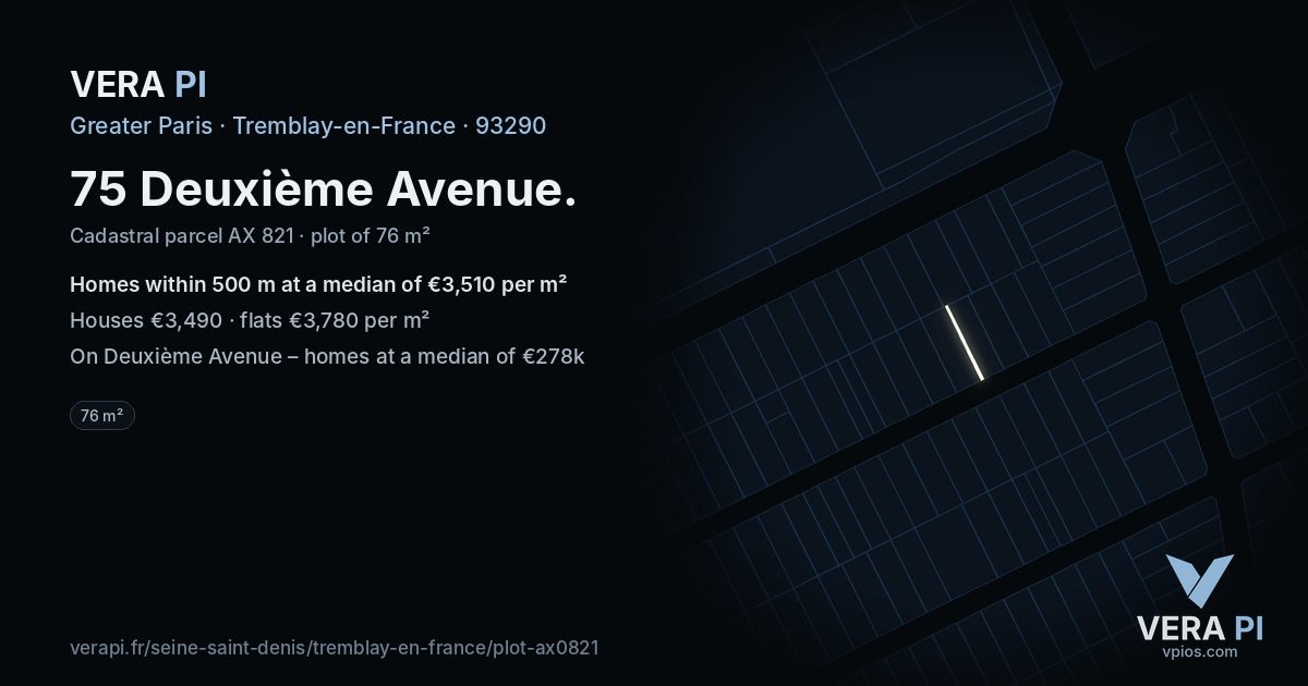 75 Deuxième Avenue, Tremblay-en-France at night – the plot lit, the parcels around coloured by the prices near them