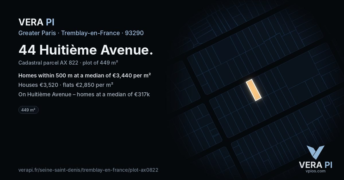 44 Huitième Avenue, Tremblay-en-France at night – the plot lit, the parcels around coloured by the prices near them