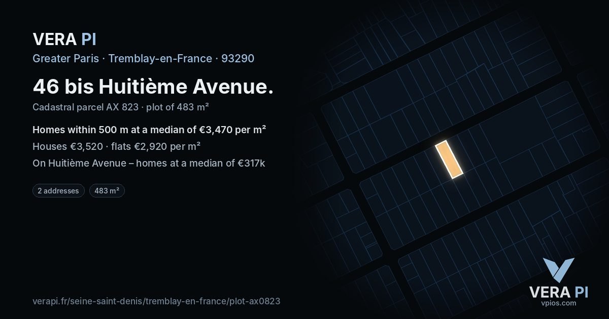 46 bis Huitième Avenue, Tremblay-en-France at night – the plot lit, the parcels around coloured by the prices near them