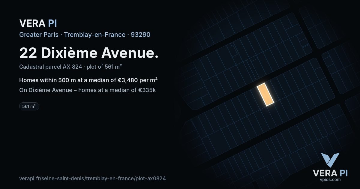 22 Dixième Avenue, Tremblay-en-France at night – the plot lit, the parcels around coloured by the prices near them