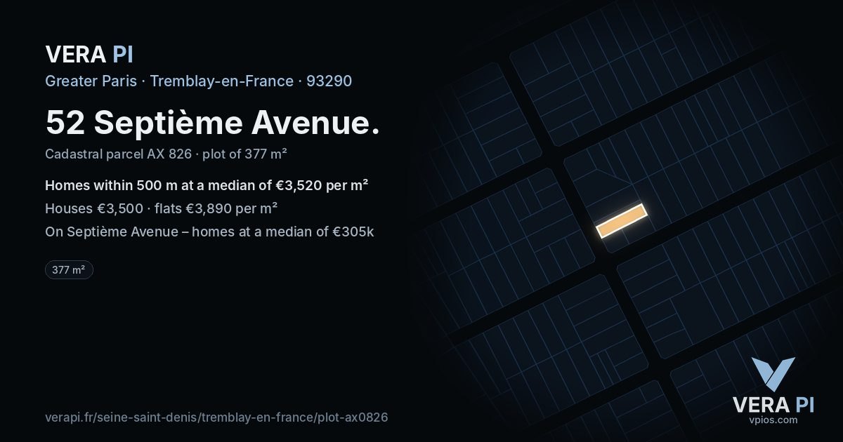 52 Septième Avenue, Tremblay-en-France at night – the plot lit, the parcels around coloured by the prices near them