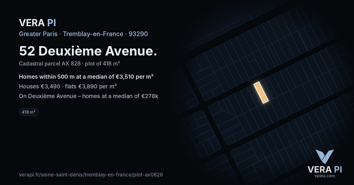 52 Deuxième Avenue, Tremblay-en-France at night – the plot lit, the parcels around coloured by the prices near them