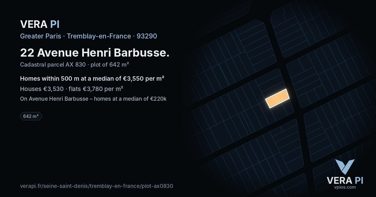 22 Avenue Henri Barbusse, Tremblay-en-France at night – the plot lit, the parcels around coloured by the prices near them
