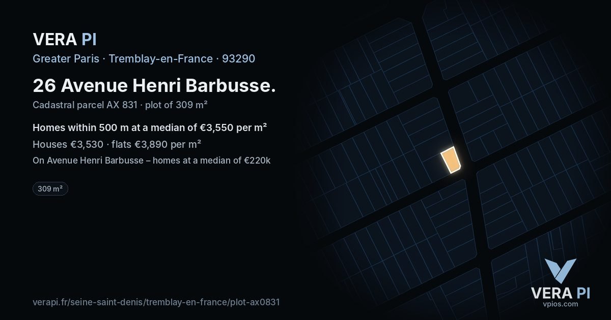 26 Avenue Henri Barbusse, Tremblay-en-France at night – the plot lit, the parcels around coloured by the prices near them