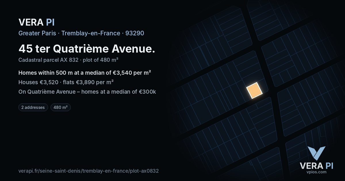 45 ter Quatrième Avenue, Tremblay-en-France at night – the plot lit, the parcels around coloured by the prices near them