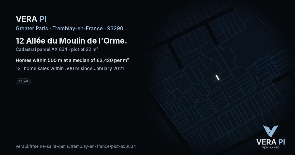 12 Allée du Moulin de l'Orme, Tremblay-en-France at night – the plot lit, the parcels around coloured by the prices near them