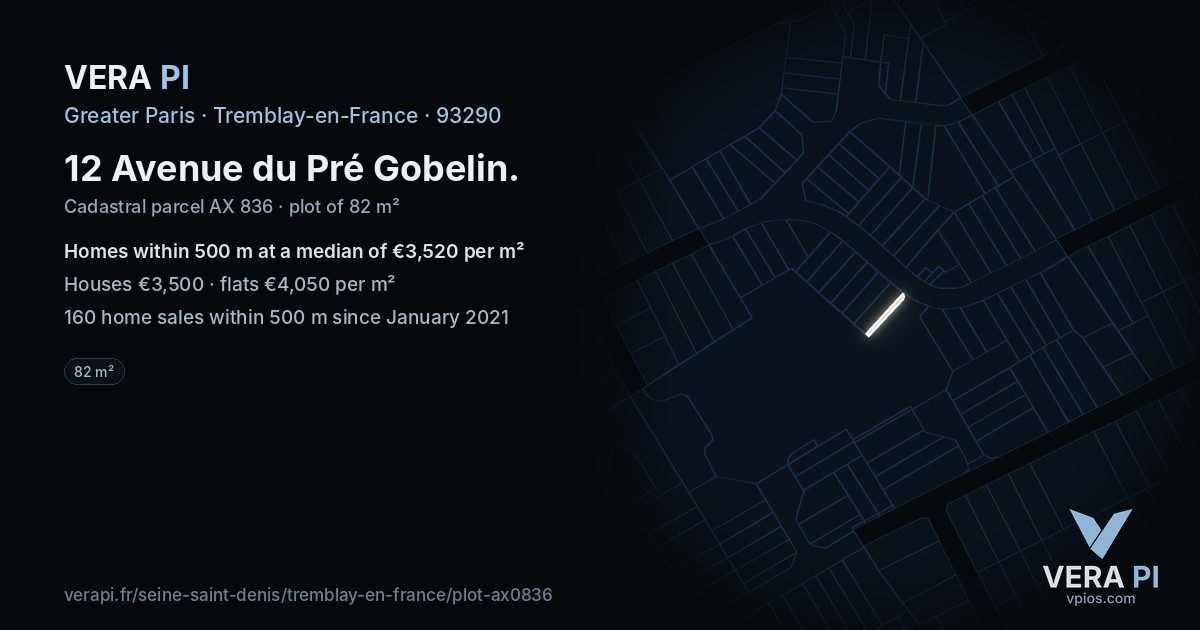 12 Avenue du Pré Gobelin, Tremblay-en-France at night – the plot lit, the parcels around coloured by the prices near them