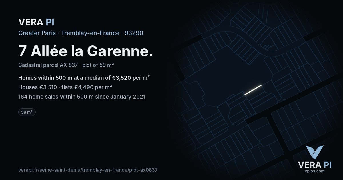 7 Allée la Garenne, Tremblay-en-France at night – the plot lit, the parcels around coloured by the prices near them