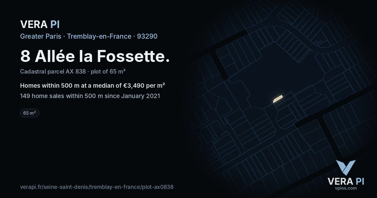 8 Allée la Fossette, Tremblay-en-France at night – the plot lit, the parcels around coloured by the prices near them